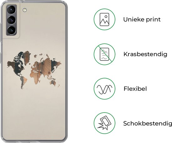 Telefoonhoesje Geschikt voor Samsung Galaxy S21 Plus hoesje - Wereldkaart -Hout - Plank - Siliconen Telefoonhoesje