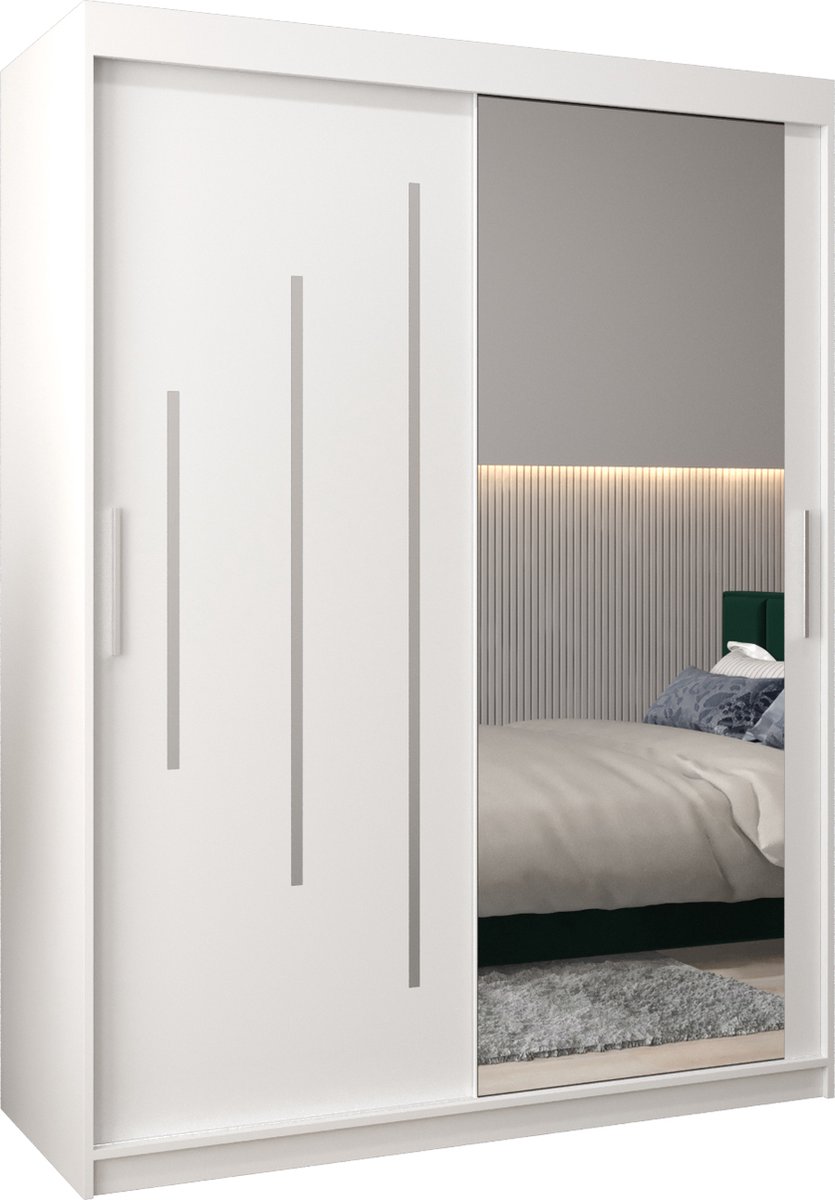 InspireME Kledingkast met 2 schuifdeuren, Modern-stijl, Een kledingkast met planken en een spiegel (BxHxD): 150x200x62 - MALTESE II 150 Wit Mat met 2 lades