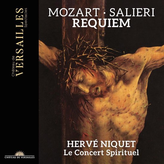 Peinture de la crucifixion du Christ, montrant un Jésus ensanglanté sur la croix, "Mozart Salieri Requiem" est affiché en haut.