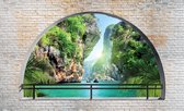 Fotobehangkoning - Fotobehang - Vliesbehang - 3D Behang - Uitzicht op het Meer en de Bergen - 152,5 x 104 cm