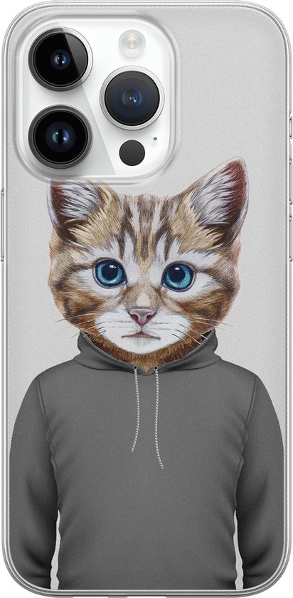 Coque iPhone 14 Pro Silicone - Chat mignon - Coque souple pour téléphone - Chat - Transparent, Grijs
