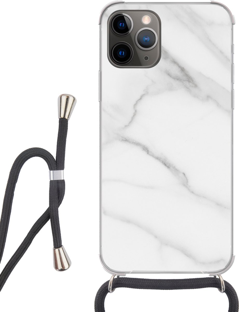 Telefoonhoesje Geschikt voor iPhone 12 pro crossbody - Marmer print - Structuur - Wit - Grijs - Steen - Marmer printlook - Siliconen - Crossbody - Backcover met Koord - Telefoonhoesje met koord - Hoesje met touw Telefoonhoesje
