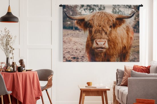 Tapisserie Murale - Toile Murale - Vache - Highlander écossais - Cornes - Marron - Paysage - 180x135 cm - Tapisserie