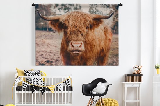 Tapisserie Murale - Toile Murale - Vache - Highlander écossais - Cornes - Marron - Paysage - 180x135 cm - Tapisserie