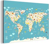 Décoration murale Métal - Peinture Aluminium - Wereldkaart - Enfants - Couleurs - Animaux - 180x120 cm