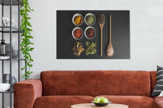 Peinture sur toile Louche - Épices - Herbes - Vert - Marron - Rustique - 140x90 cm - Décoration murale