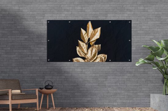 Affiche clôture Plante - Feuilles - Or - Zwart - Luxe - 200x100 cm - Toile de jardin