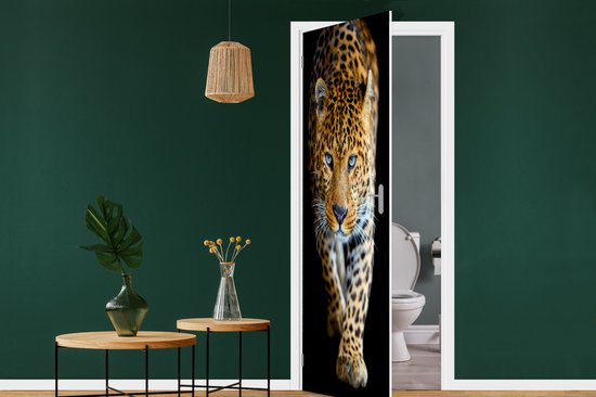 Deursticker Luipaard - Dieren - Portret - Wilde dieren - Zwart - 85x215 cm - Deurposter