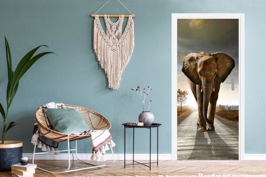 Sticker pour porte Éléphant - Route - Animaux - Coucher de soleil - Paysage - 80x205 cm - Affiche de porte