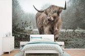 Behang - Fotobehang Schotse Hooglander - Bos - Mist - Koe - Dieren - Natuur - Breedte 390 cm x hoogte 260 cm