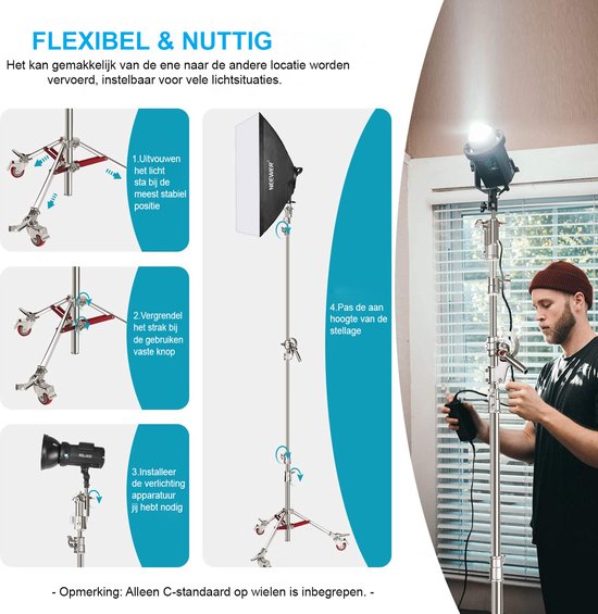 NEEWER Heavy Duty lichtstandaard met zwenkwielen, max. hoogte van 0,7 m