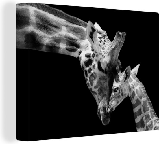 Canvas - Wilde dieren - Giraffe - Familie - Zwart - Wit - Schilderijen op canvas - Canvas doek - 40x30 cm - Wanddecoratie - Woonkamer