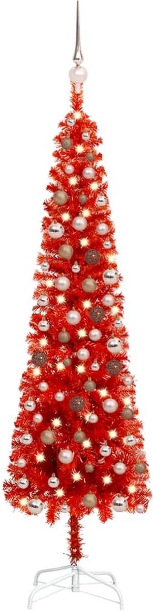 Prolenta Premium - Kerstboom met LED's en kerstballen smal 150 cm rood