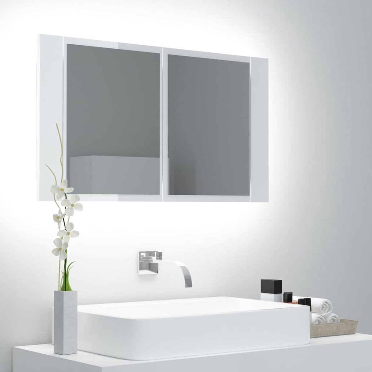 Prolenta Premium - Badkamerkast met spiegel en LED 80x12x45 cm hoogglans wit