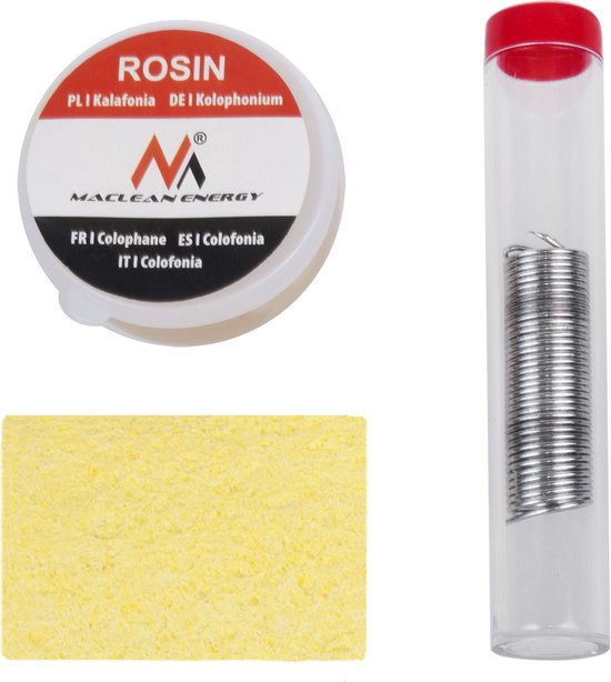 Ronde pot met de tekst "ROSIN" erop, naast een transparante houder met soldeertin en een geel sponsje.