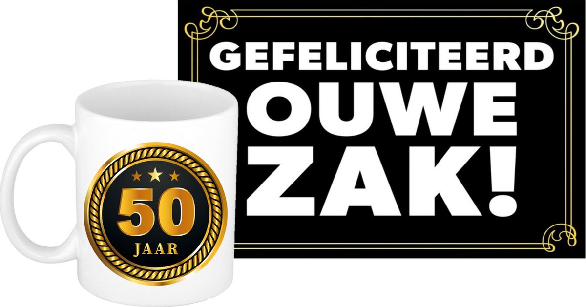 Verjaardag cadeau mok/beker 50 jaar print 300 ml + A5-size wenskaart ouwe zak