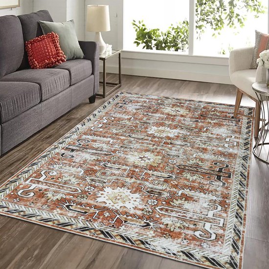 Tapis Oriental Vintage - Doux - Tapis Lavable en Machine - Antidérapant - Fibres de Polyester Premium - Terre Cuite - 120cm x 160cm