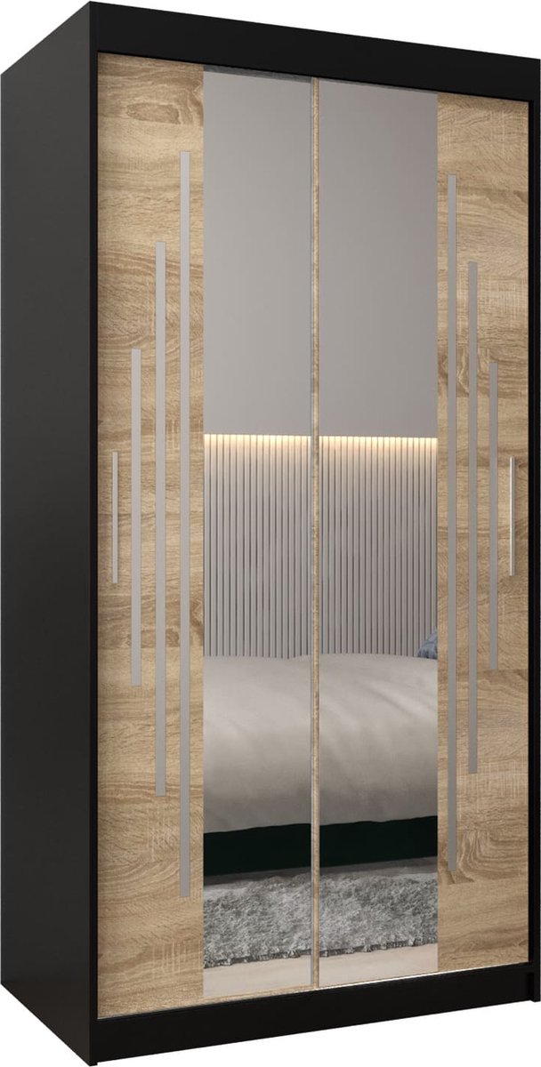 InspireME Kledingkast met 2 schuifdeuren, Modern-stijl, Een kledingkast met planken en een spiegel (BxHxD): 100x200x62 - MALTESE I 100 Zwart Mat + Sonoma Eik