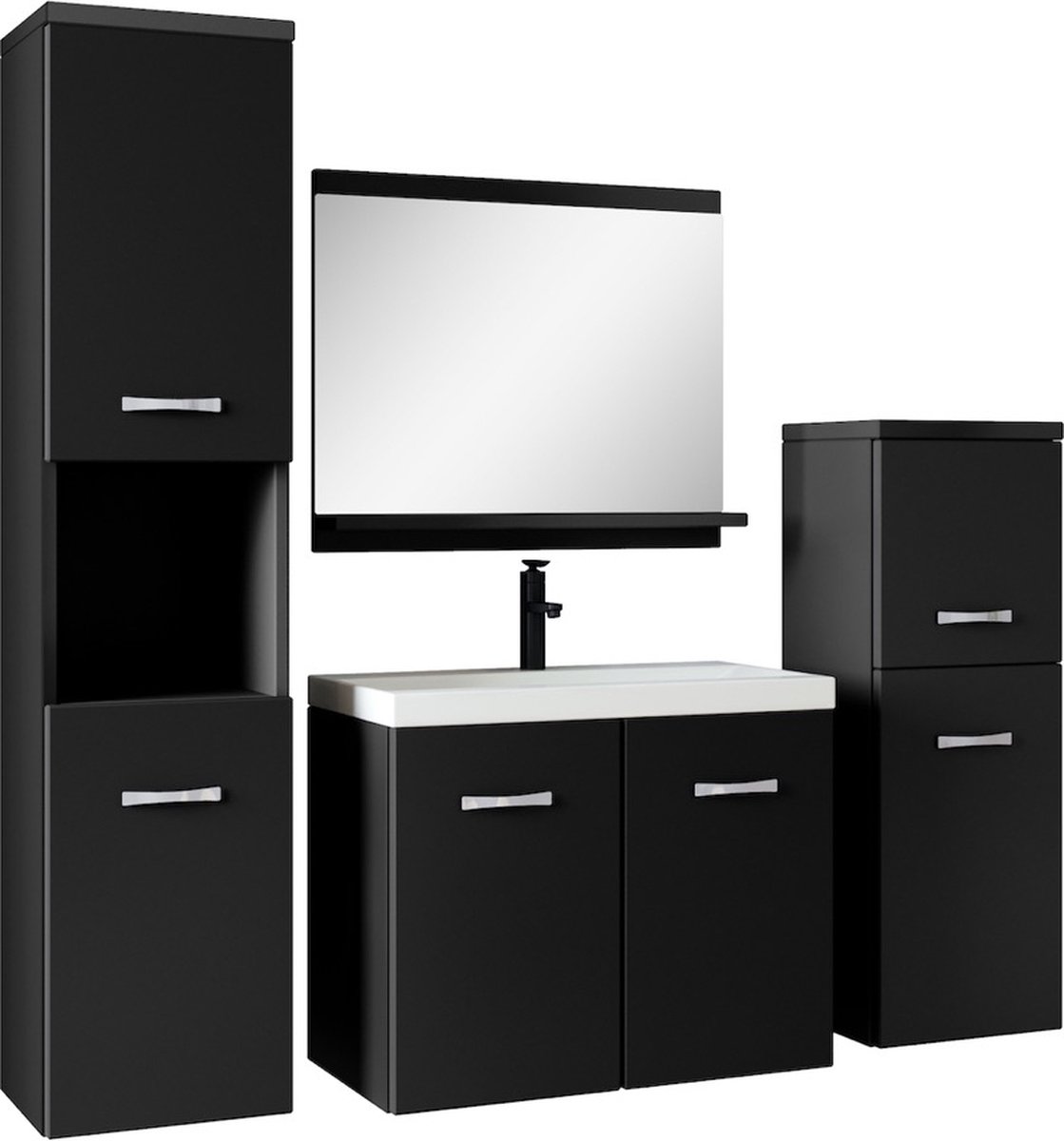 Badplaats Badkamermeubel Set Malo 60 cm x 35 cm - Zwart - Badmeubel met spiegel en zijkasten