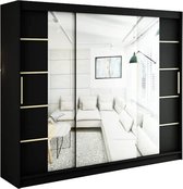 InspireMe - Kledingkast met 3 schuifdeuren, Modern-stijl, Een kledingkast met planken en een spiegel (BxHxD): 250x200x62 - KAIR V4 250 Zwart Mat + Gouden met 4 lades
