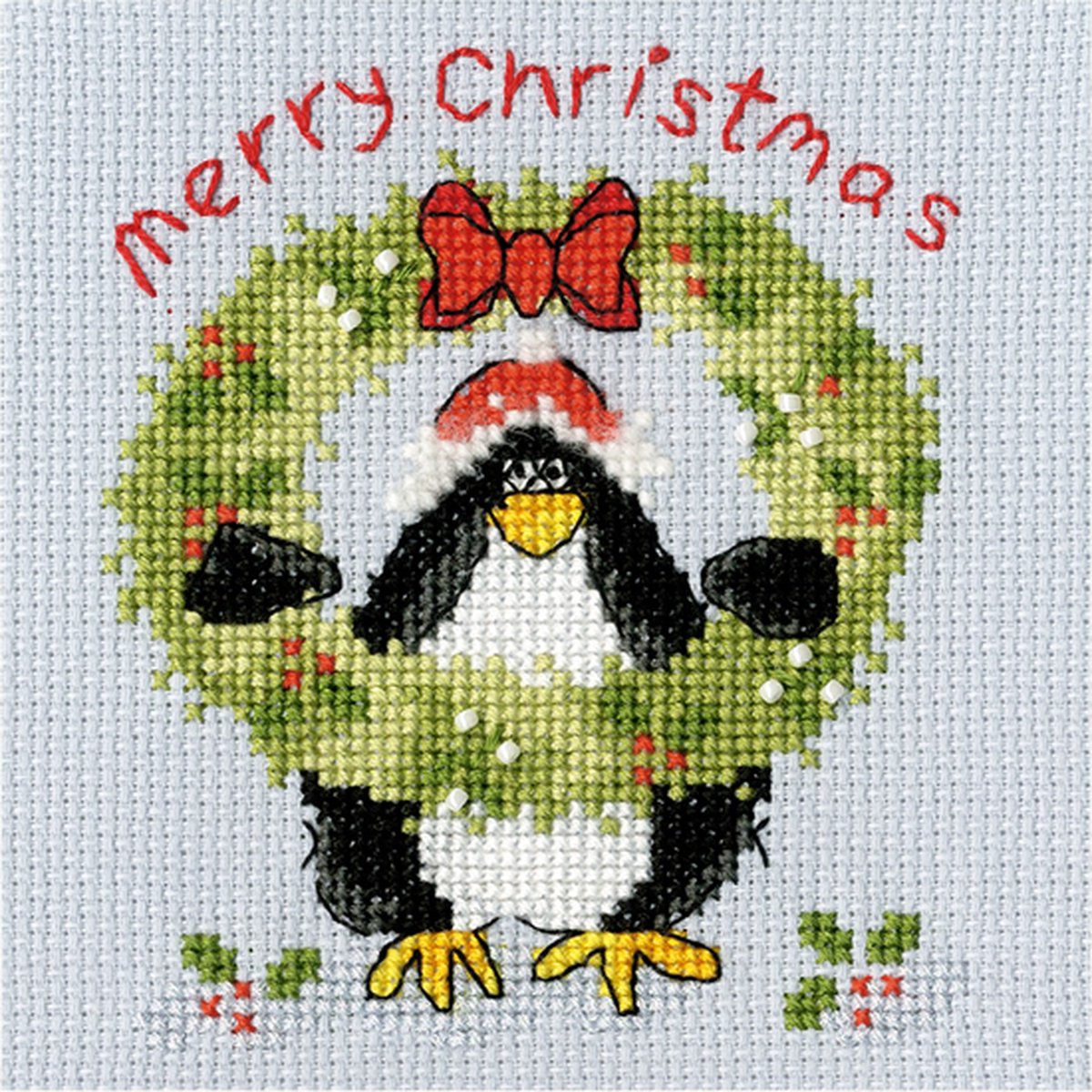 Borduurpakket wenskaart pinguïn met kerstkrans - Bothy Threads bt-xmas36