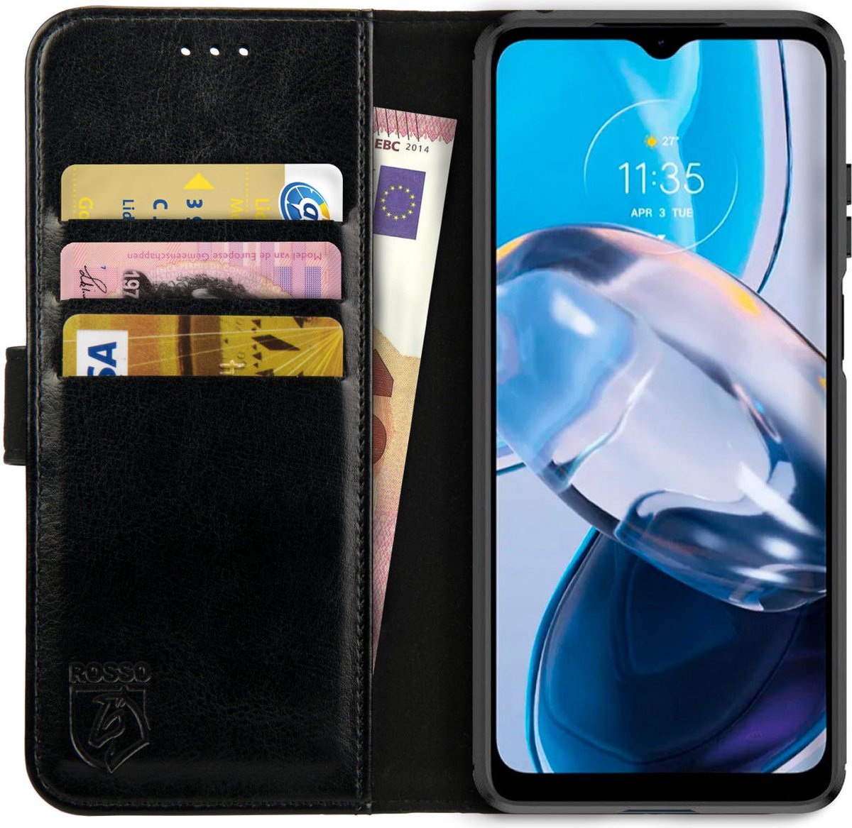 Rosso Element Book Case Wallet Hoesje Geschikt voor Motorola Moto E22 / E22i | Portemonnee | 3 Pasjes | Magneetsluiting | Stand Functie | Zwart