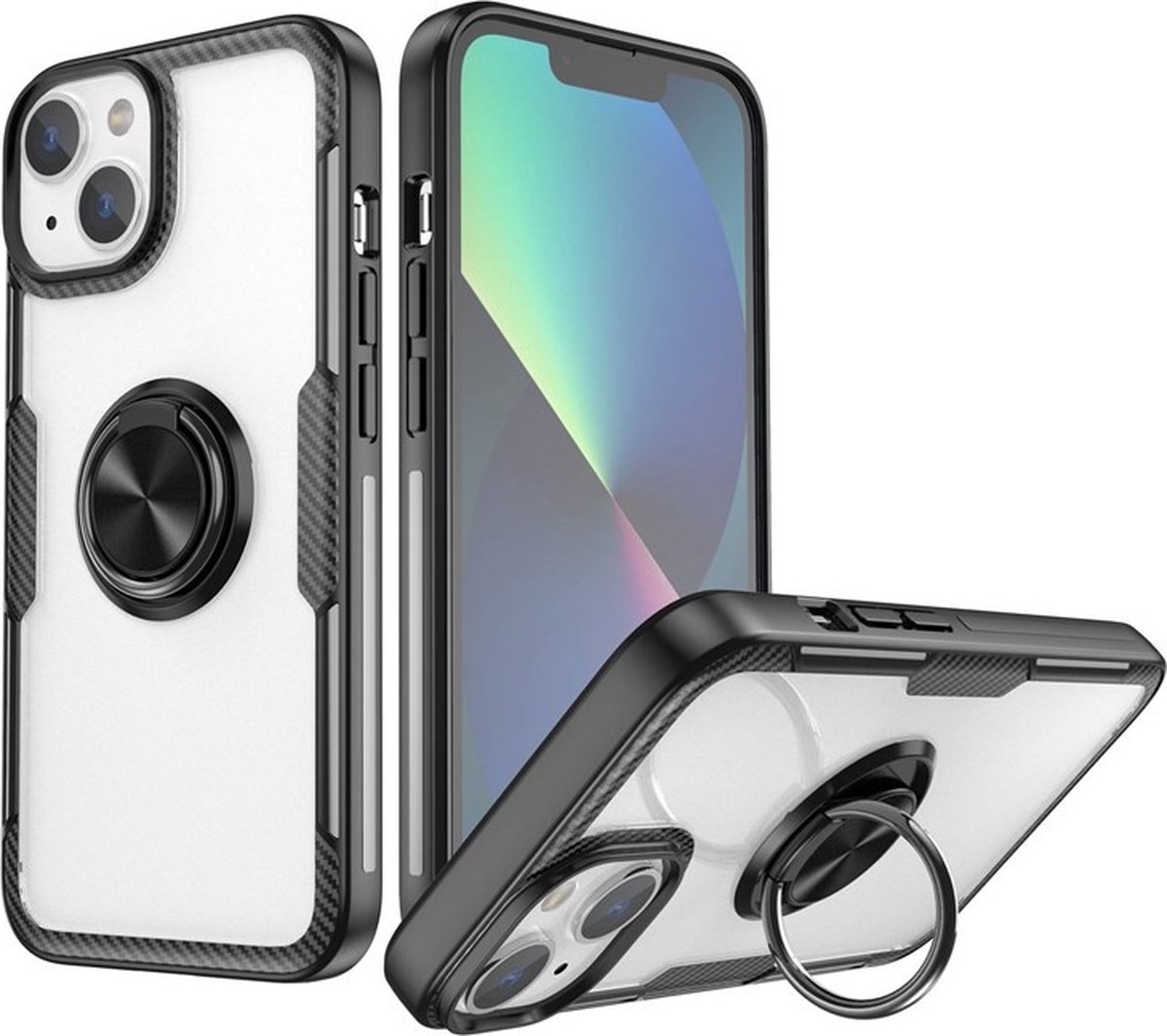 Hoesje Geschikt voor iPhone 14 Hoesje backcover met Magnetische ring houder ring – Zwart