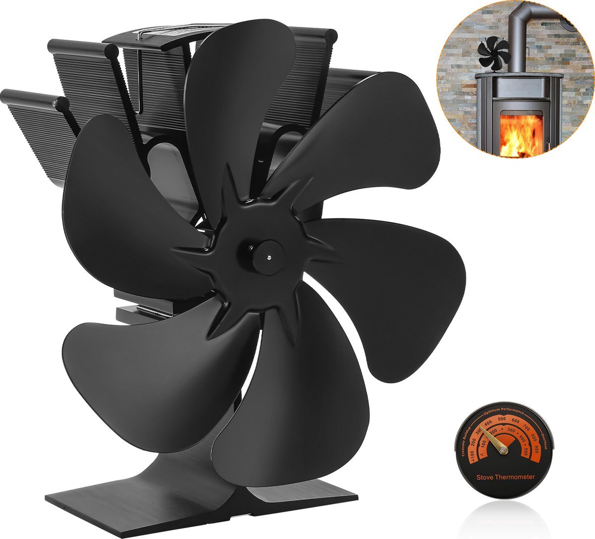 Ventilateur de poêle à 6 lames noir, Ventilateur de cheminée pour