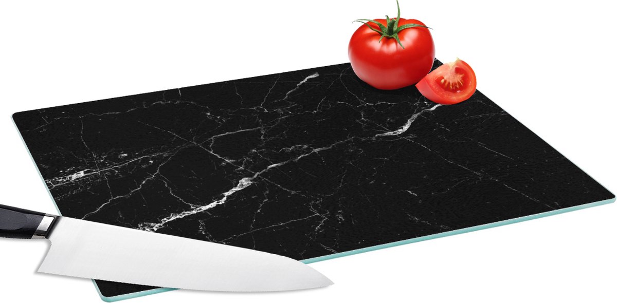 Glazen Snijplank - 39x28 - Marmer print look - Zwart - Luxe - Snijplanken Glas
