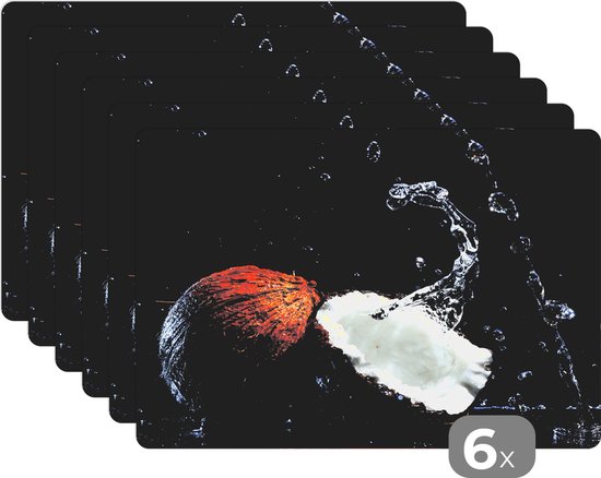 Placemat - Placemats kunststof - Kokosnoot - Stilleven - Water - Zwart - Fruit - 45x30 cm - 6 stuks - Hittebestendig - Anti-Slip - Onderlegger - Afneembaar
