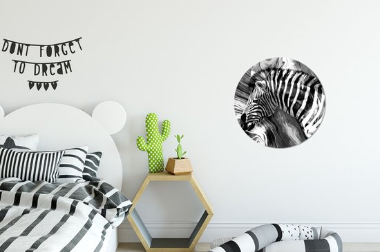 WallCircle - Wandcirkel - Muurcirkel - Schilderij - Olieverf - Zebra - Dieren - Zwart - Wit - Aluminium - Dibond - ⌀ 30 cm - Binnen en Buiten