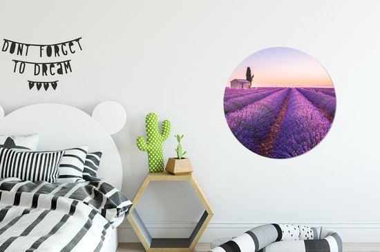 Cercle mural - Plastique - Lavande - Fleurs - Arbre - Paysage - Cercle mural - Tableau rond - Tableaux ronds - Cercle mural intérieur - 60x60 cm - Décoration murale ronde - Salon