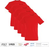 5 Pack Sol's Heren T-Shirt 100% biologisch katoen Ronde hals Rood Maat S
