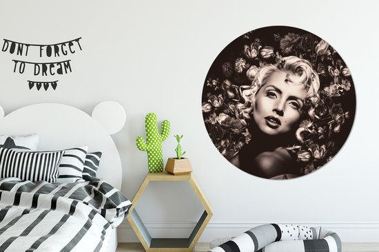 Cercle Mural - Cercle Mural Intérieur - Fleurs - Zwart - Wit - Femme - ⌀ 120 cm - Décoration murale - Peintures Ronds XXL