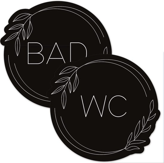 Deux autocollants ronds et noirs avec texte blanc. 'BAD' et 'WC', décorés de branches sur les côtés.