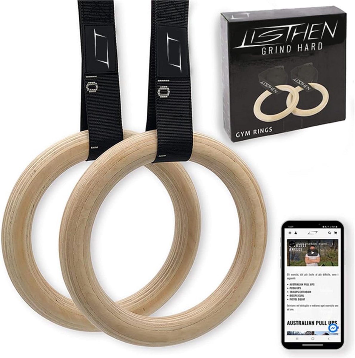 Houten Gymnastiek Ringen voor Calisthenics en Krachttraining - 32mm Dikke Verstelbare Hangen Ringen voor Thuis en Buiten