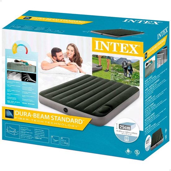 Doos van Intex luchtbed met afbeeldingen van een stel, een luchtbed, en buitenactiviteiten. Tekst Dura-Beam Standard.