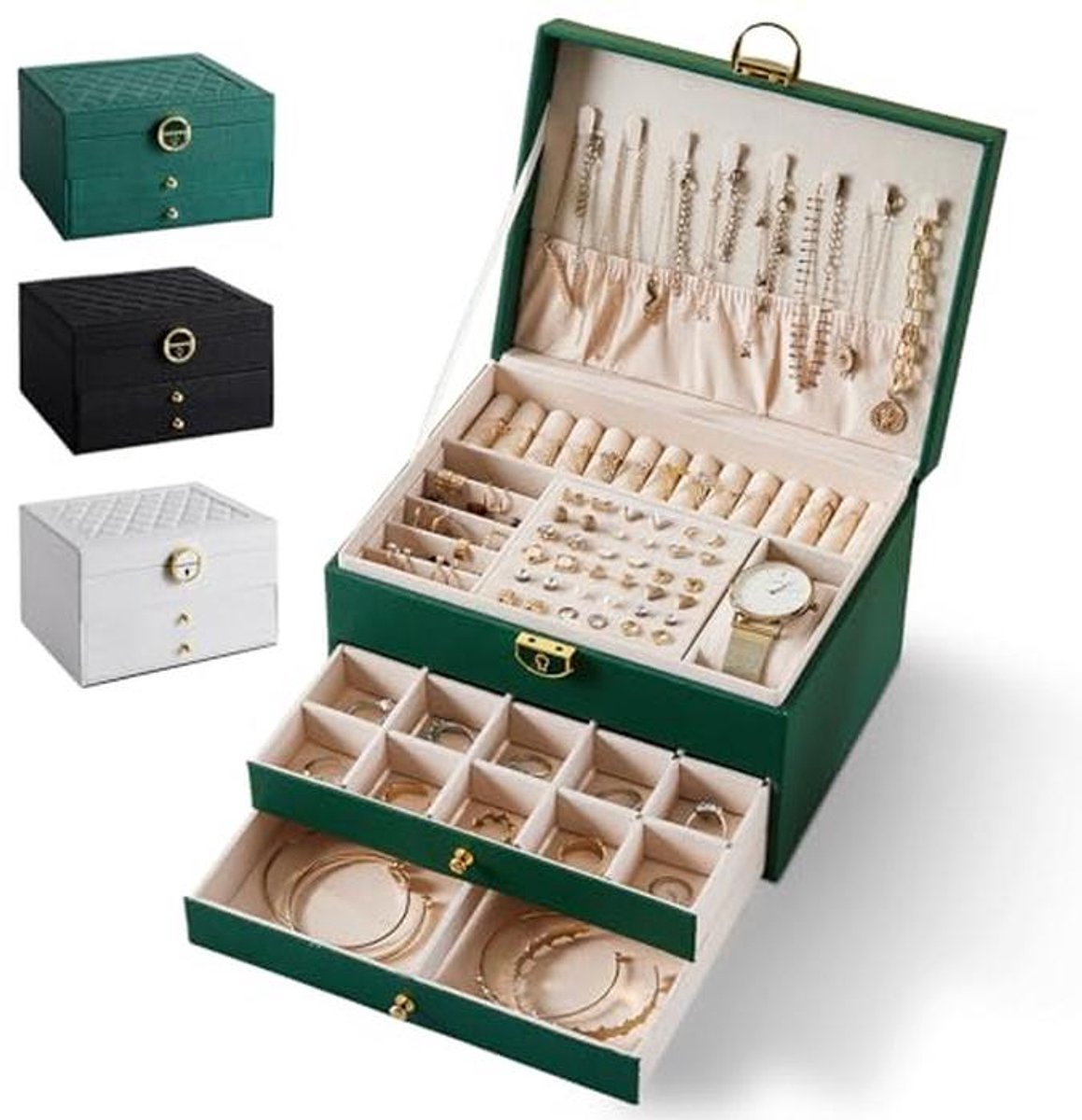 3-Tier Luxe Sieradenbox met Slot en 2 Lades - Organisator voor Kettingen, Oorbellen, Ringen en Armbanden