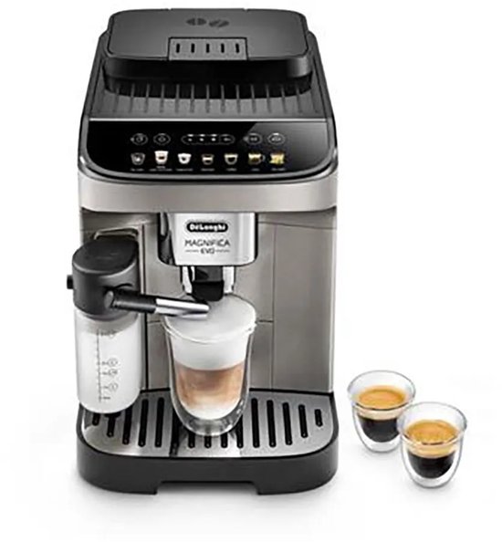 De'Longhi Magnifica EVO volautomatische espressomachine in titanium zwart met dubbele espresso glazen.