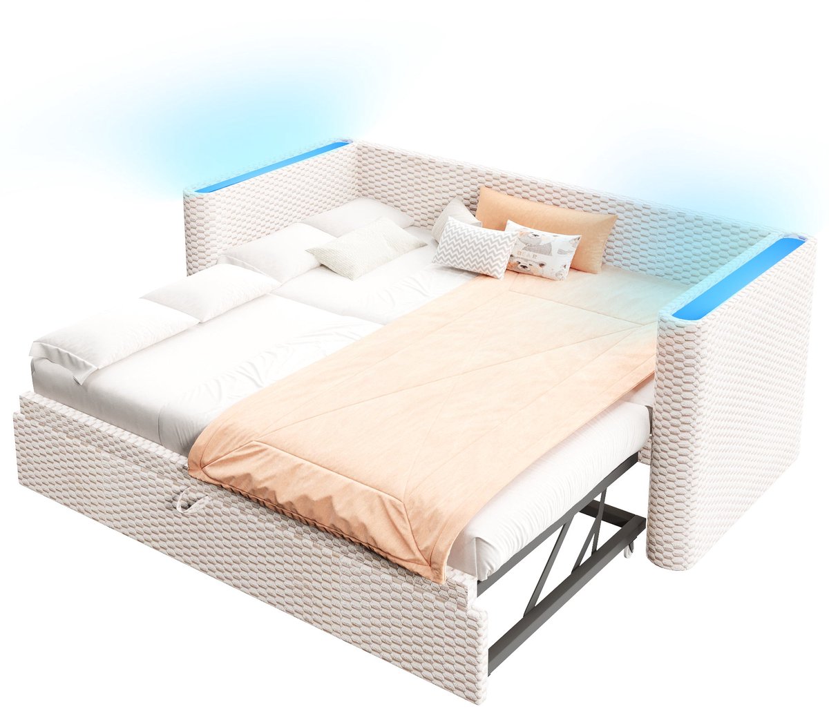 Merax Slaapbank - Logeerbed 90x200 cm - Uitschuifbed naar 180x200 cm - LED Verlichting met Afstandsbediening - Houten Lattenbodem - Fluweel Beige - Zonder Matras