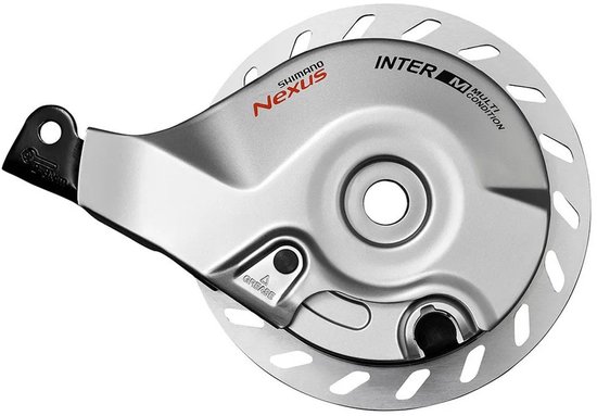 Shimano Nexus Inter M argenté avec disque perforé.