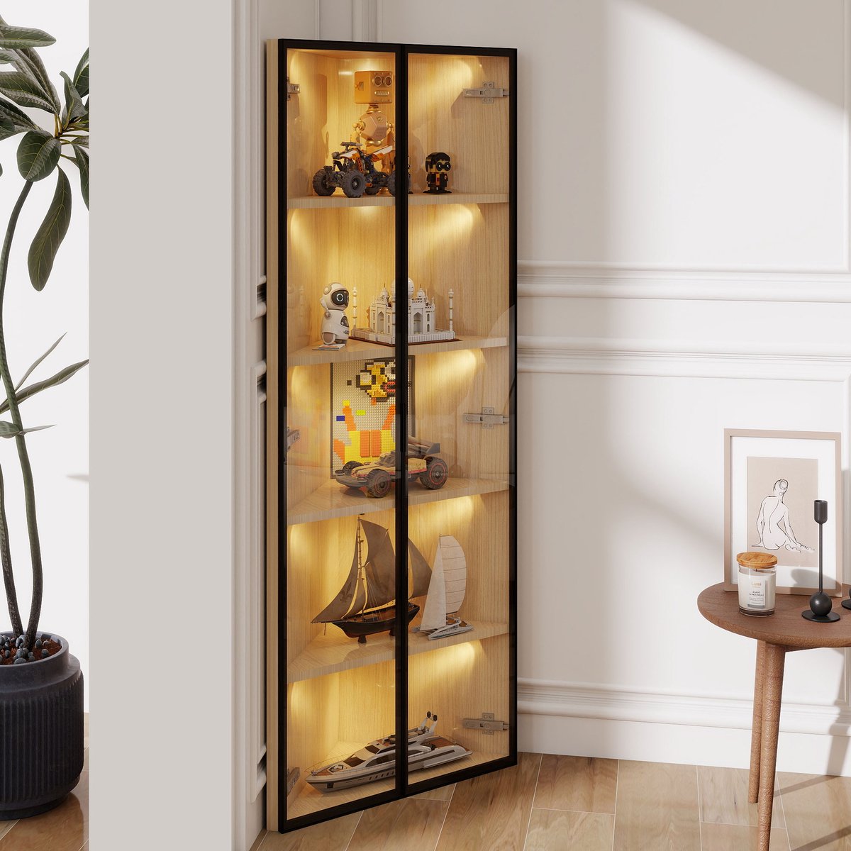 STILVORA Vitrinekast - Hoekvitrine Met Ingebouwde LED-Strip En Gedempte Scharnieren - Veil