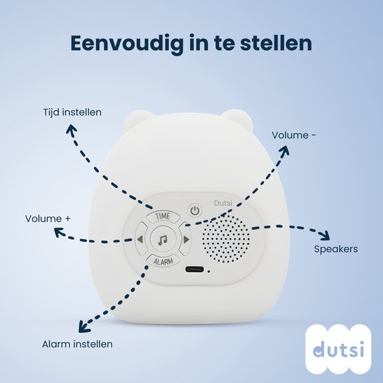 Achterkant van een witte berenwekker met knoppen voor tijd, alarm en volume, en luidsprekers.