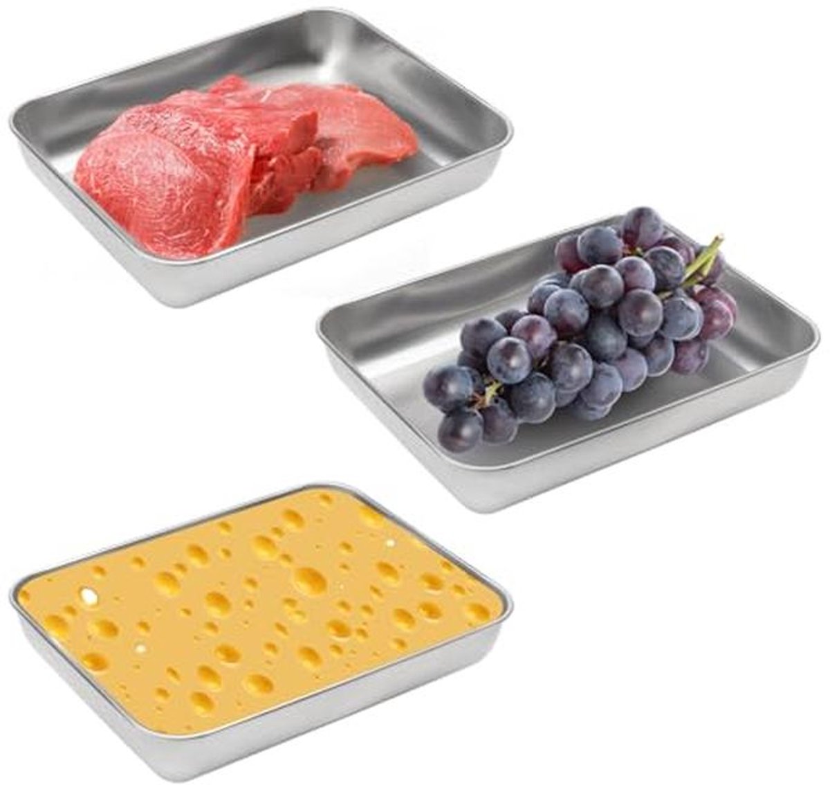 3-delige Paneerschalenset voor Vlees en Fruit, Stapelbaar met Deksel, 23 x 20 x 5 cm