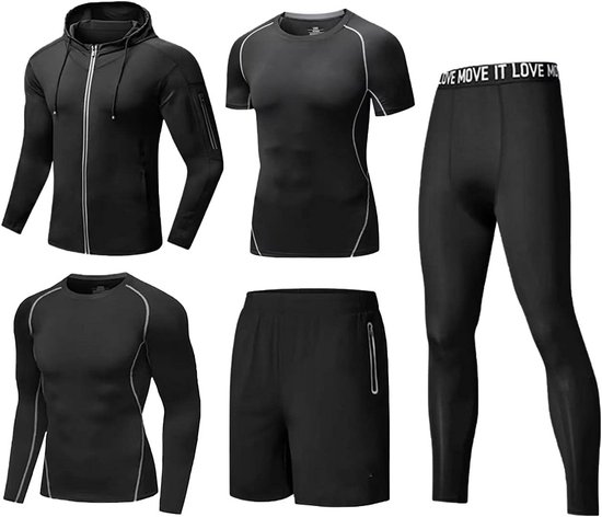 Zwart trainingspakket voor heren, bestaande uit een hoodie, korte en lange mouwen shirts, en een korte broek met legging.
