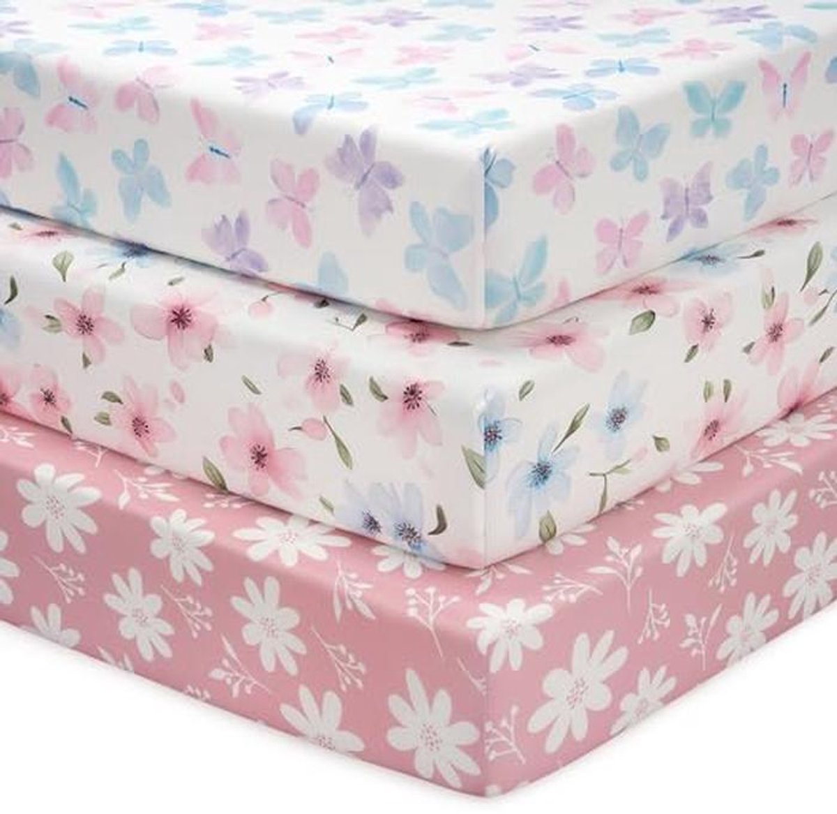 Babybedlakens 120 x 60 cm - 3 Stuks Ultra-zacht en Zijdezacht Roze Vlinder Bloem