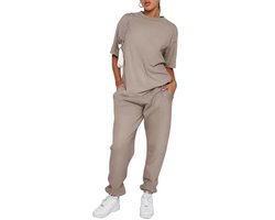 REORIA Dames katoenen loungekleding sets ronde hals trainingspak set korte mouw tops en lange mouw joggers tweedelige outfit Co Ord Sets