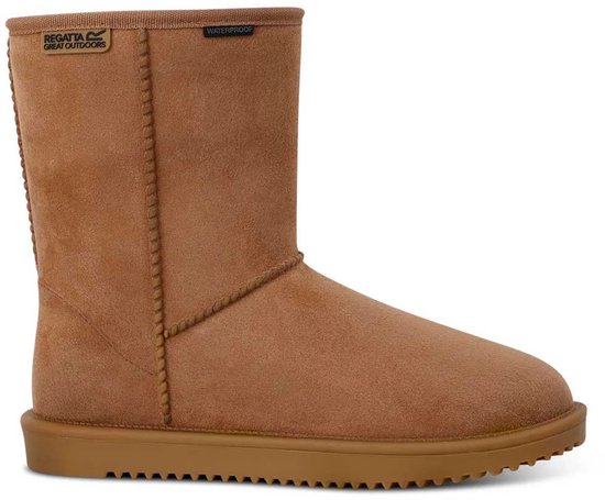 Bruine waterdichte laarzen met een suède-look, met stiksels en een platte zool.