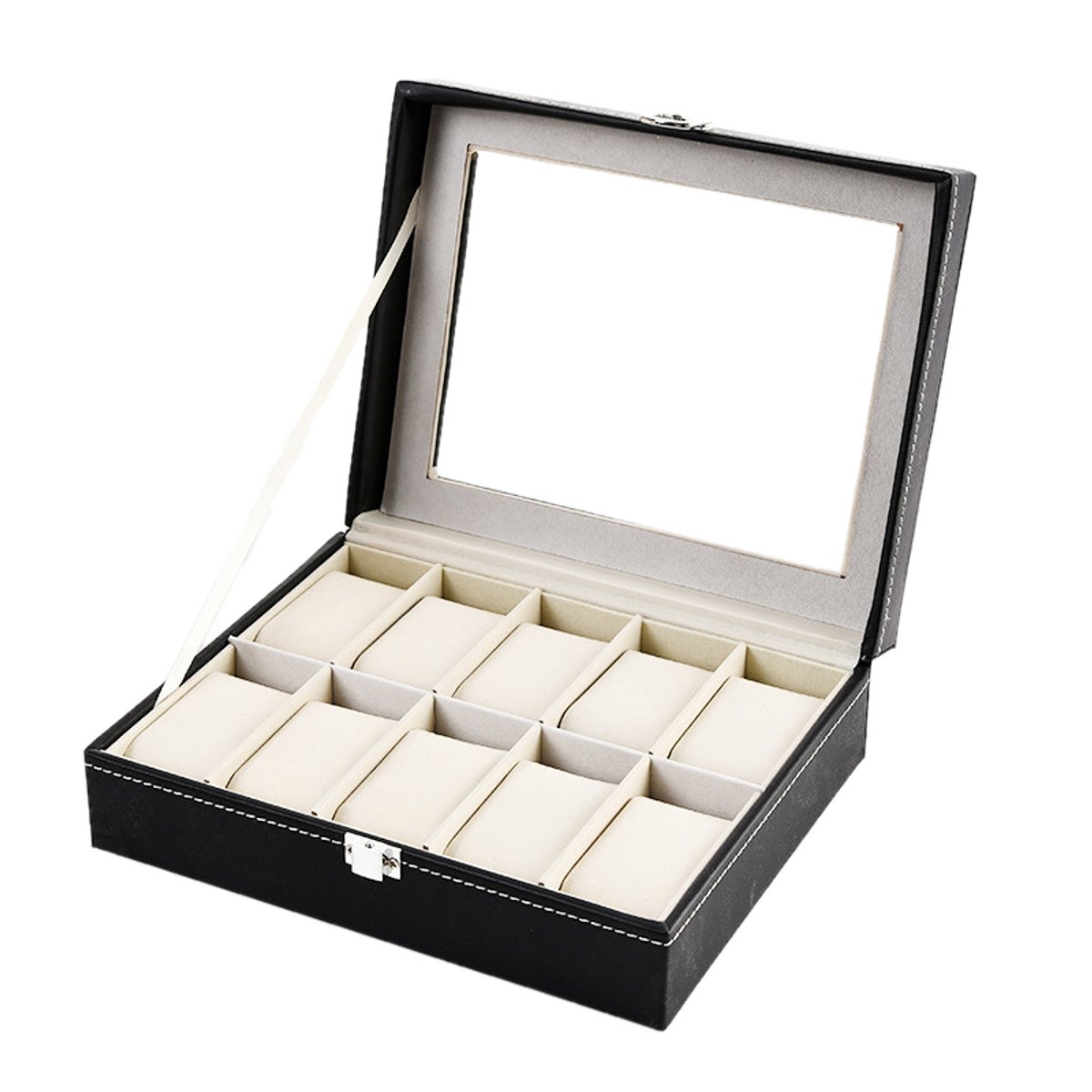 Horlogedoos - Horlogekist met 10 vakken - 25,5 x 20 x 8 cm - Horlogedisplay met transparant venster - Horlogeorganizer - Horlogeverzameldoos - Opbergdoos voor horloges - Horloges niet inbegrepen - Uitneembare kussentjes - PU-leren horlogedoos