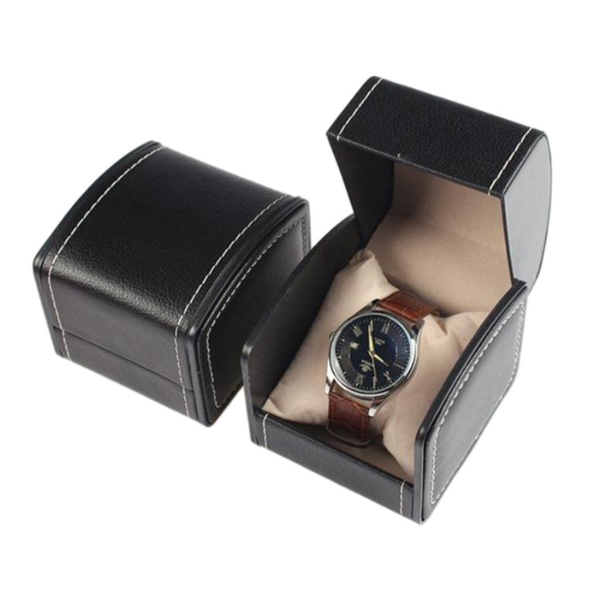 Draagbare horlogedoos - 10*9*8 cm - Opbergdoos voor één horloge - PU-materiaal - Schokbestendig - Horlogeverpakking - Horlogedisplay - Draagbare horlogeorganizer - Geschikt voor het opbergen van armbanden, horloges en sieraden.